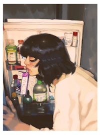 a painting of a woman looking into a refrigerator