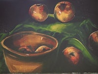 a painting of apples in a bowl on a green cloth