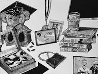 a black and white drawing of a teddy bear and other items