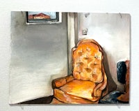 a painting of an orange chair in front of a window