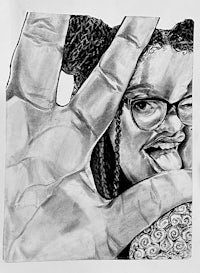 a black and white drawing of a woman making a hand gesture