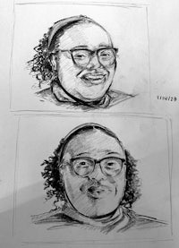 two drawings of a woman with glasses