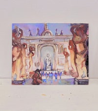 a painting of a statue in front of a building