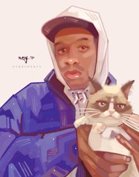 a man holding a grumpy cat